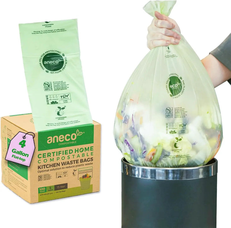 ANECO Compostable Trash Bags 4 Gallon (Flat-Top, 100 Count), Extra Strong for Medium Kitchen Garbage, OK Compost HOME & BPI Certified Compostable by GreenHaven Gardens