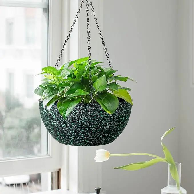 13inch Large Hanging Planters Pots for Outdoor Indoor Plants with Drainage Holes and Chain, 2pack Round Hanging Flower Pots for Garden Home Porch Decor, Black with Green Speckles by GreenHaven Gardens