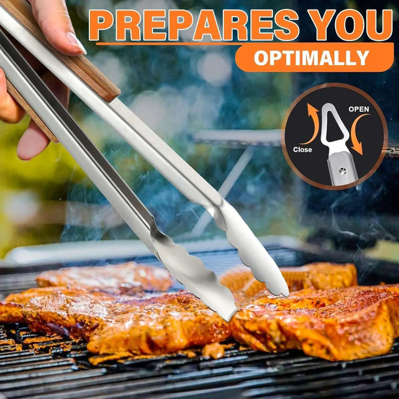 TIVOLI 4PCS Grilling Accessories, Heavy Duty BBQ Tool Set with Stainless Steel Spatula, Tongs, Fork, Cleaning Brush, Wood Handles Barbecue Utensils Kit for Outdoor, Perfect Grill Gifts for Dad Men by GreenHaven Gardens