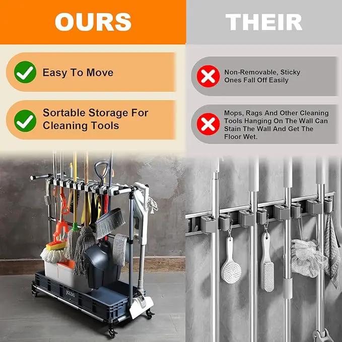 Mop and Broom Holder with Wheels - Keep Your Cleaning Tools Organized! (L) by GreenHaven Gardens