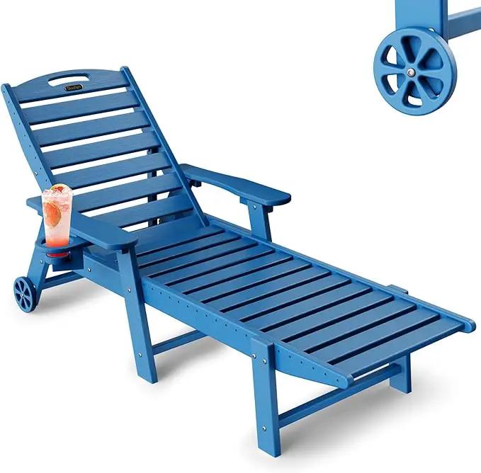 Lounge Chair Outdoor, Patio Chaise Lounge, HDPE 6-Position Outdoor Chaise Lounge, Patio Lounge Chair with Wheels & Cup Holder for Pool Poolside Deck Backyard, Navy Blue by GreenHaven Gardens