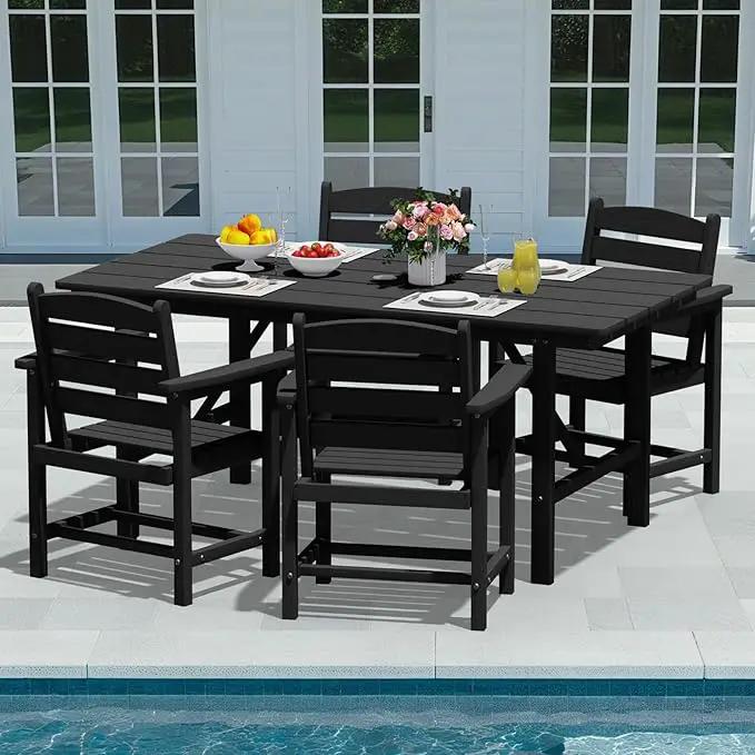 Patio Dining Set for 4 with Umbrella Hole - 66" Outdoor Table & 4 Chairs, All-Weather HDPE Outdoor Furniture for Lawn, Garden, Backyard, Poolside, Black by GreenHaven Gardens