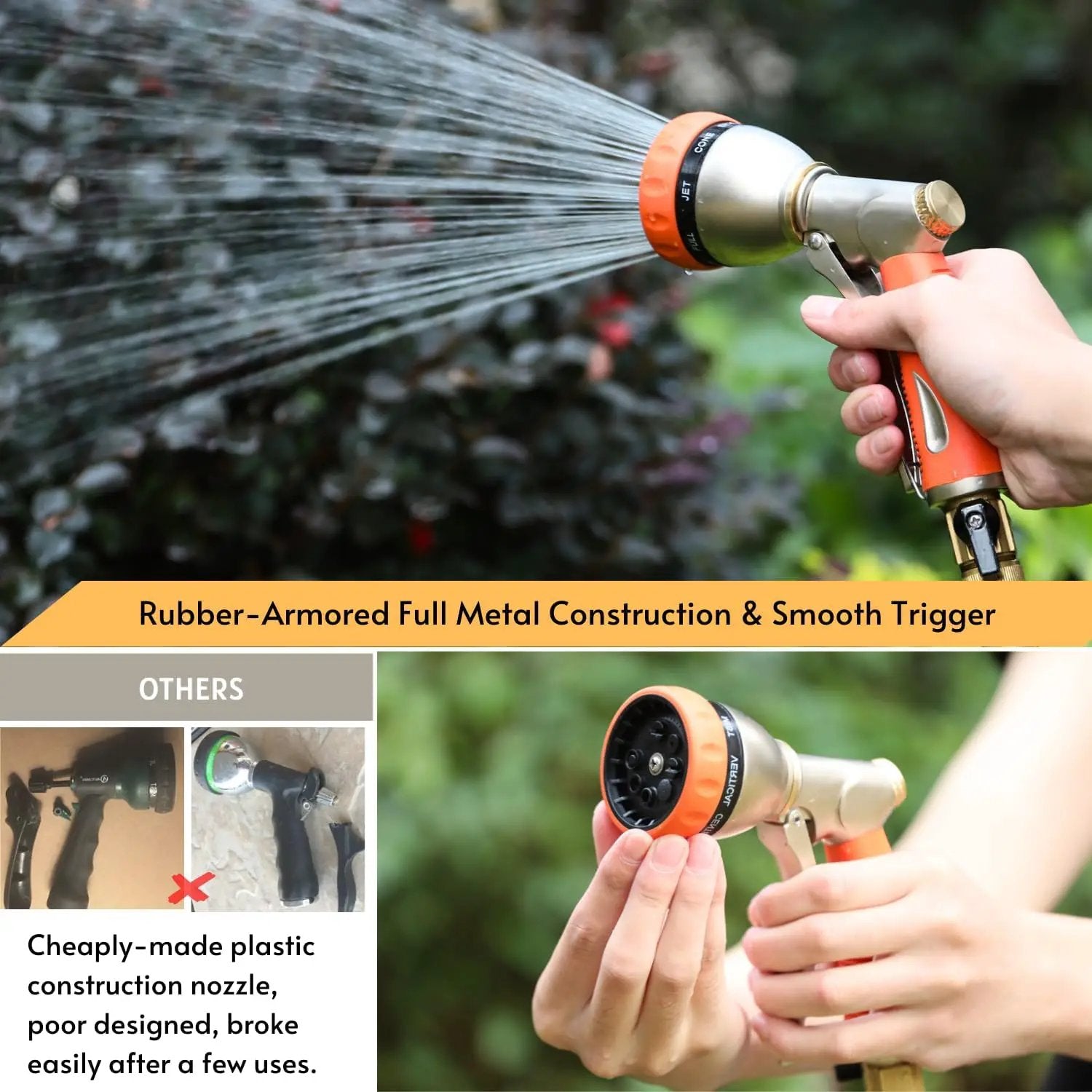 HOSUN Garden Hose Nozzle Sprayer Heavy Duty, 100% Metal Water Hose Nozzle with 8 Spray Patterns, High Pressure Hose Spray Nozzle with Non-Slip Grip for Watering Plant & Lawn, Washing Car & Pet, Orange by GreenHaven Gardens