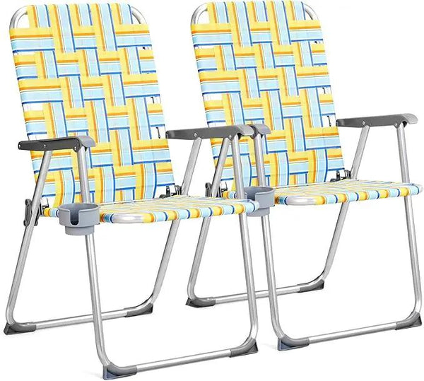 VINGLI Aluminum Patio Lawn Chairs Folding Set of 2 with Detachable Cup Holder, Webbed Beach Chair Folding Chair Outdoor Portable Camping Chair for Yard, Garden