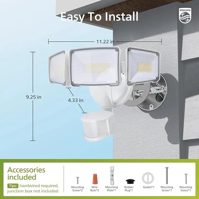 Philips 72W 7400LM LED Security Lights w/PIR Motion Sensor Outdoor, 5000K Daylight Dusk to Dawn Aluminum Flood Light, 3 Adjustable Heads, Waterproof for Garage, Yard, Porch by GreenHaven Gardens