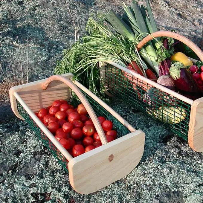 Maine Garden Hod Basket for Vegetable Gardening and Harvest Gathering or Farmhouse Decor, Pine and Oak with PVC Wire Mesh, USA Made, 16 x 9 in, 8 quart by GreenHaven Gardens