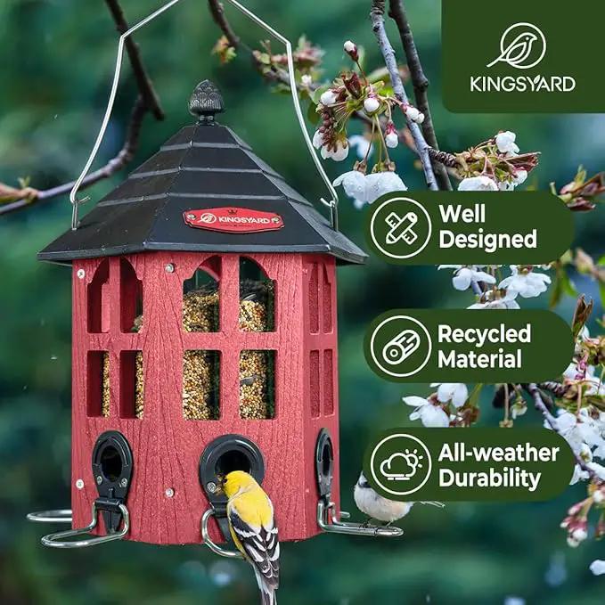 Kingsyard Wild Bird Feeder for Outdoor Hanging, Recycled Plastic Bird Feeders with 6 Ports & U-Shape Perch, Garden Yard Outside Decoration, 3.5 lbs Seed Capacity, Red by GreenHaven Gardens