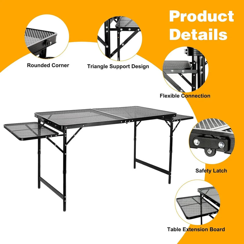 Grill Table Folding Table with 2 Wing Panels 4FT+1.77 FT with Mesh Desktop 3 Height Adjustable Portable Grill for Outdoor Indoor Beach BBQ Picnic Travel RV Black by GreenHaven Gardens