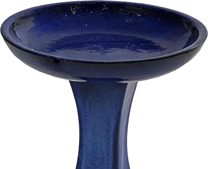 Sunnydaze Ceramic Bird Bath for Outside - 16" H - UV- and Frost-Resistant - Pedestal Bird Bath - Blue Glazed Bowl - Blue Glaze Finish by GreenHaven Gardens