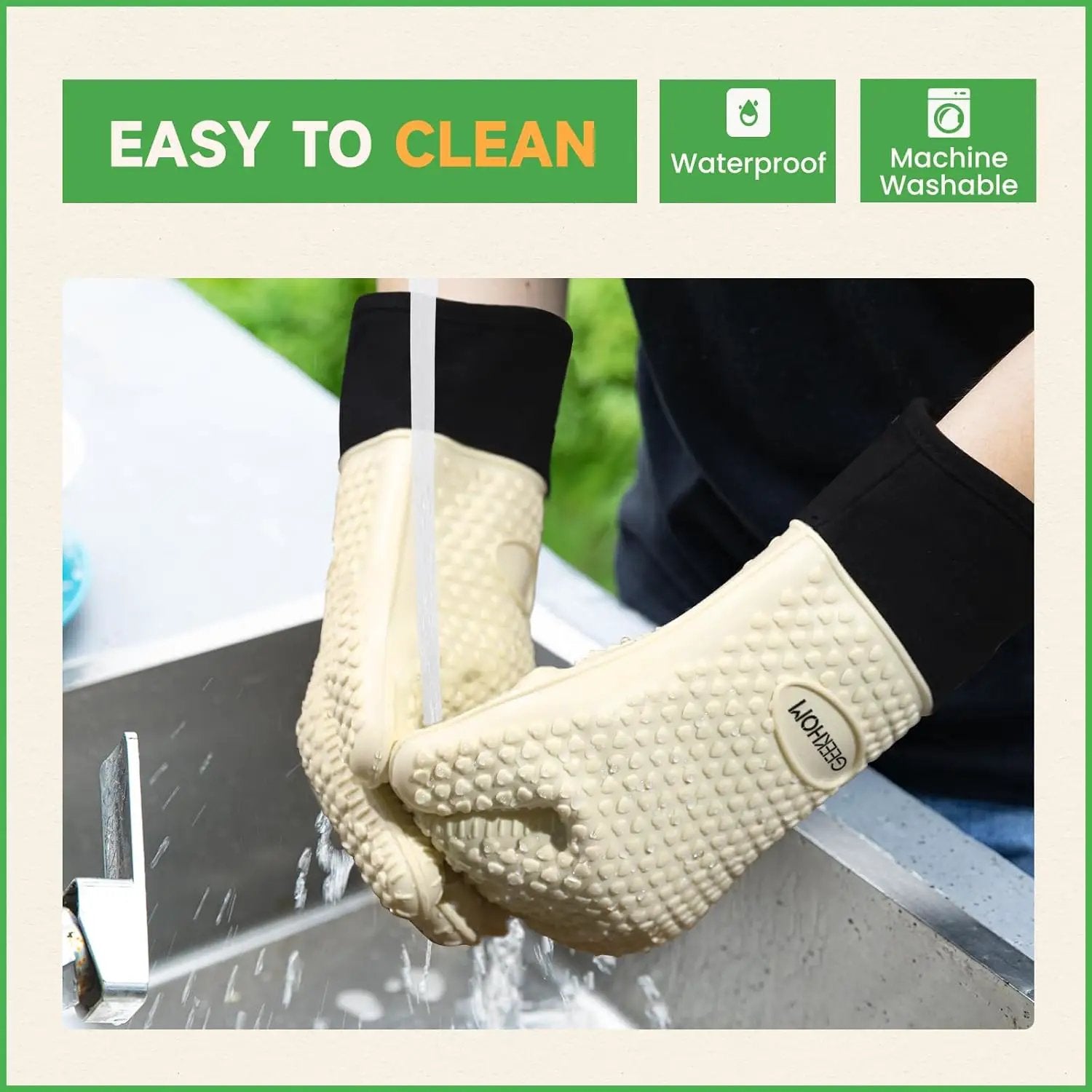 GEEKHOM BBQ Gloves Heat Resistant Oven Mitts - Silicone Grilling Gloves with 13.7" Arm Protection - Waterproof Pot Holder Non-Slip for Men & Women, Kitchen Outdoor Cooking, Baking, Camping, Mint Beige by GreenHaven Gardens