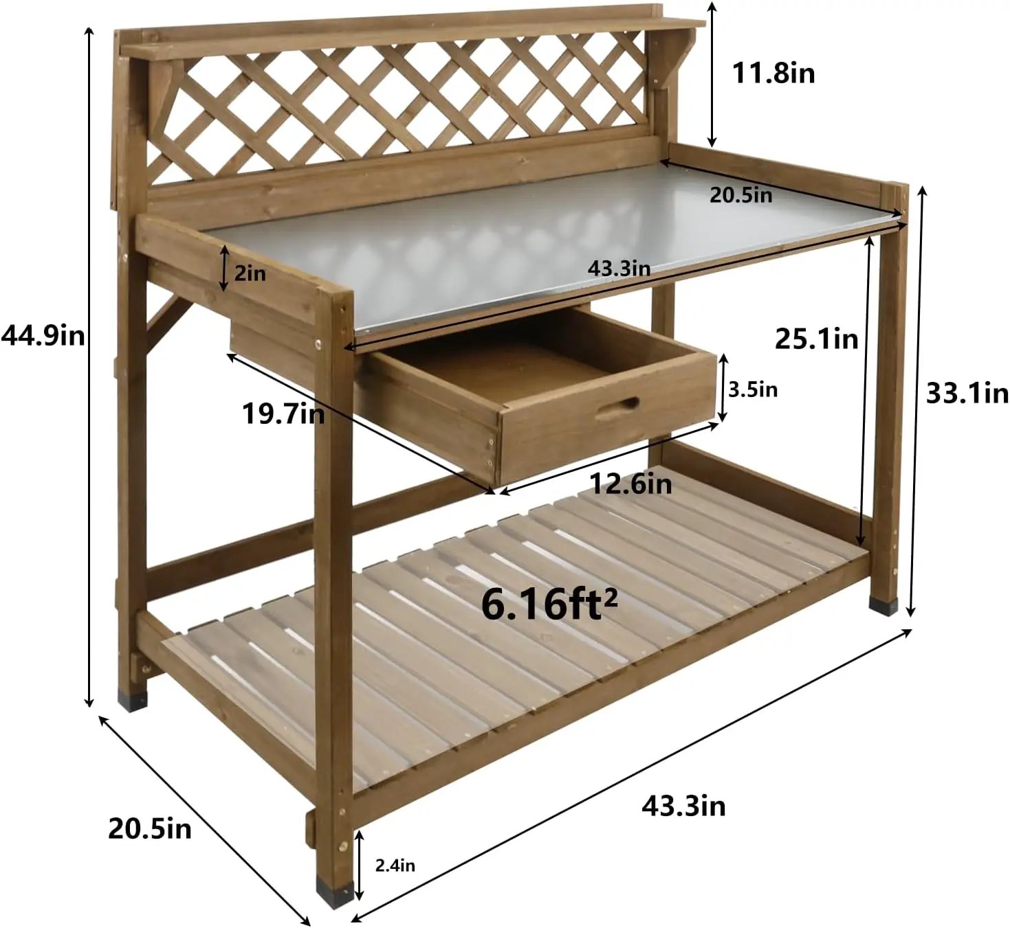 Garden Potting Benches & Tables,Outdoor Wooden Work Station W/Metal Table Top,Drawer,Large Bottom Shelf,Open Shelf Natural Wood-Natural Stained by GreenHaven Gardens