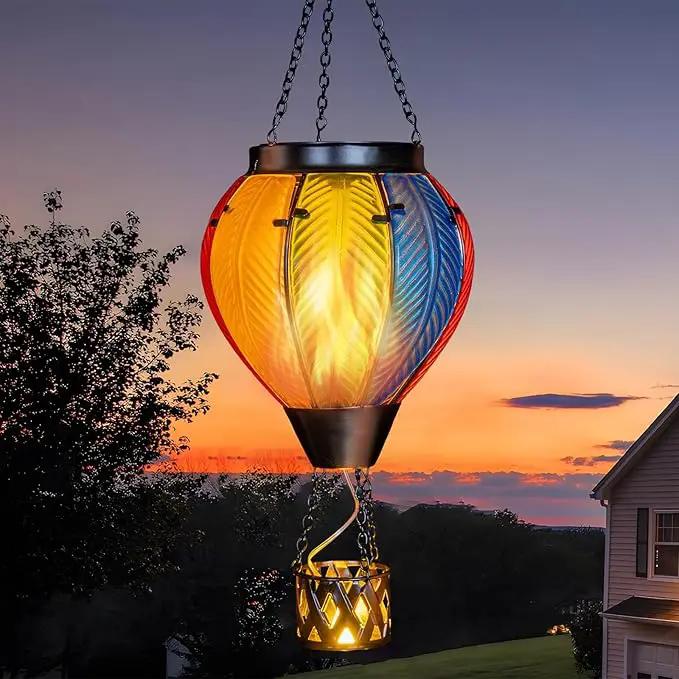 pearlstar Hot Air Balloon Solar Lantern with Flickering Flame Light Outdoor Solar Hanging Lights Waterproof for Garden Yard Farmhouse Patio Pathway Outside Decoration,Glass, Rainbow by GreenHaven Gardens