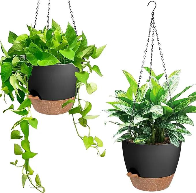 Hanging Planters for Indoor Outdoor Plants, 2 Pack Self Watering Hanging Pot with Drainage Holes & Removable Tray (Black, 6'') by GreenHaven Gardens