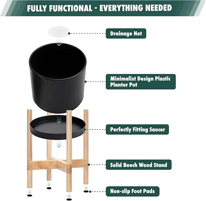 D'vine Dev Planter Pot with Stand - 8 Inch Plastic Cylinder Flower Pot with Wood Planter Holder for Indoor, Matte Black Pot + Natural Stand, 55-C-J-2 by GreenHaven Gardens
