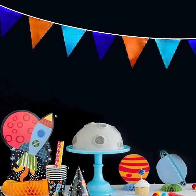 Orange Blue Party Decorations Metallic Fabric Triangle Pennant Flag Bunting Banner Garland for Birthday Baby Shower Graduation Bridal Shower Wedding Bachelorette Engagement Space Theme Party Supplies by GreenHaven Gardens