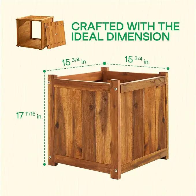 IDZO Acacia Wood Flower Planter Box for Outdoor Plants, 1pc Wooden Raised Garden Bed with Handles, Drainage Holes, Ideal for Garden and Home Décor, Light Cherry by GreenHaven Gardens