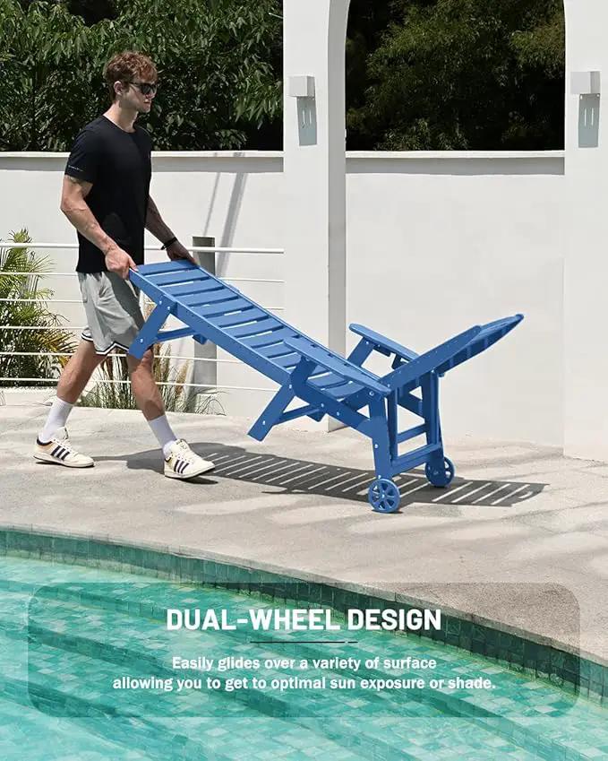 Lounge Chair Outdoor, Patio Chaise Lounge, HDPE 6-Position Outdoor Chaise Lounge, Patio Lounge Chair with Wheels & Cup Holder for Pool Poolside Deck Backyard, Navy Blue by GreenHaven Gardens
