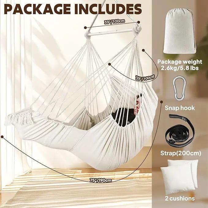 Chihee Hammock Chair Hanging Chair with Foot Rest 2 Cushions Max 500lbs Robust Metal Spreader Bar Collapsible Easy Storage Soft Cotton Swing Chair Strong Strap Iron Carabiner Side Pocket Included by GreenHaven Gardens