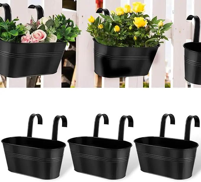 vensovo Metal Railing Planter for Outdoor Plants - 3 Pack Balcony Hanging Flower Pots with Detachable Hooks and Drain Holes Oval Bucket Rail Box Fence Planters for Home Garden Decor, Black by GreenHaven Gardens