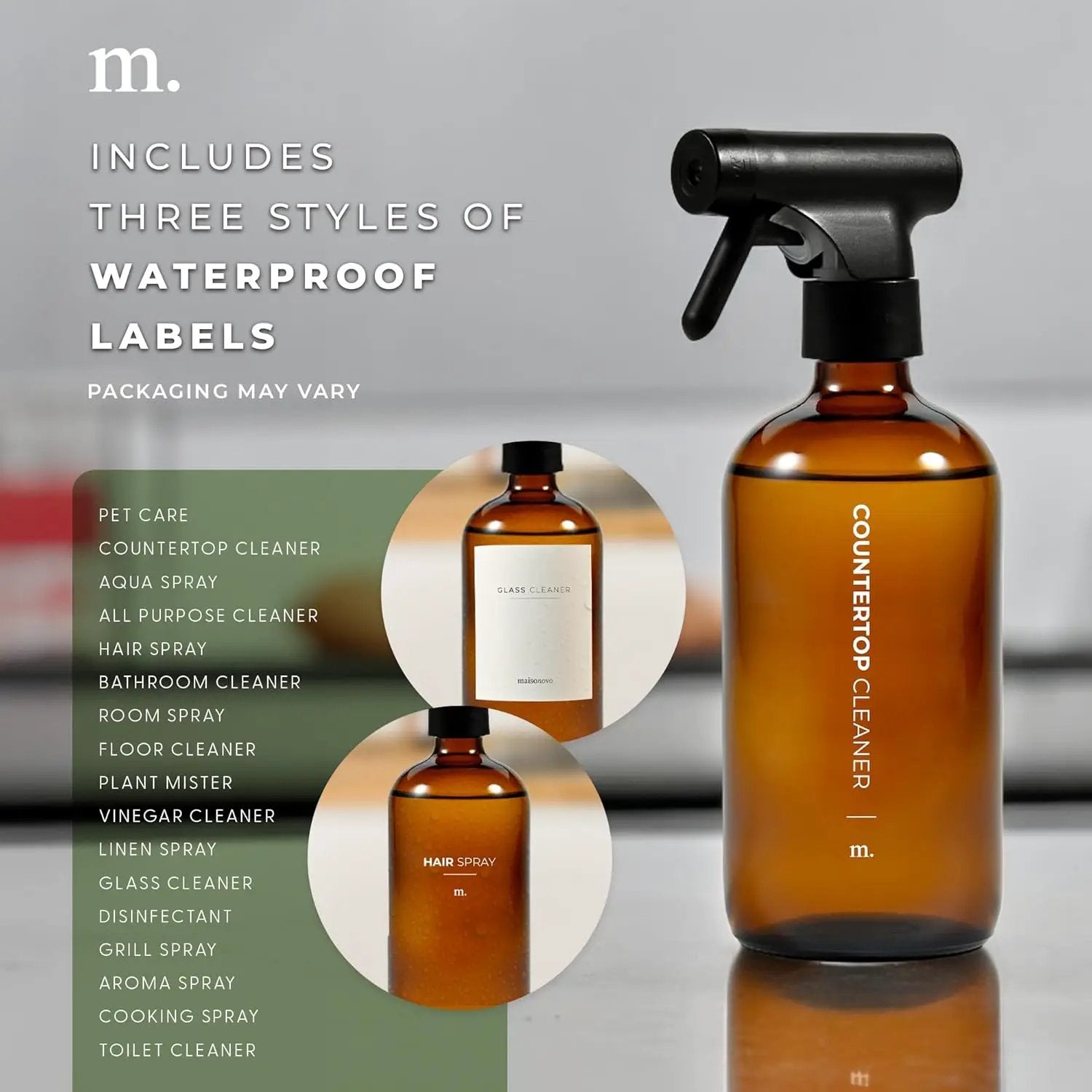 MaisoNovo Glass Spray Bottle - 16.9 fl oz Amber x 2 with 16 Labels by GreenHaven Gardens
