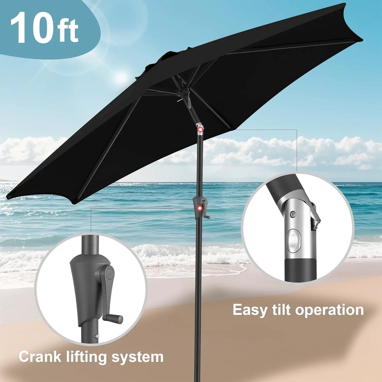 FLAME&SHADE 10ft Patio Umbrella - Outdoor Umbrella with 6 Sturdy Ribs, Push Button Tilt and Crank, UV Protection Table Market Umbrella for Pool, Porch，Garden, Deck, Backyard (Black) by GreenHaven Gardens