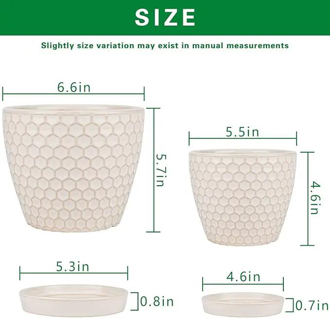 Docrin Ceramic Plant Pots Indoor: 6.6 + 5.5 Inch Planters with Drainage Holes and Saucer for Home/Office - Set of 2 /Milky White Honeycomb by GreenHaven Gardens