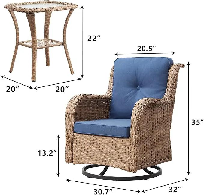 Outdoor Patio Swivel Rocker Chairs - 3 Piece Patio Bistro Set,Wicker Patio Furniture Set with 2 Swivel Rocking Chairs and 1 Glass Top Side Table for Deck Porch Garden,Yellow/Blue by GreenHaven Gardens