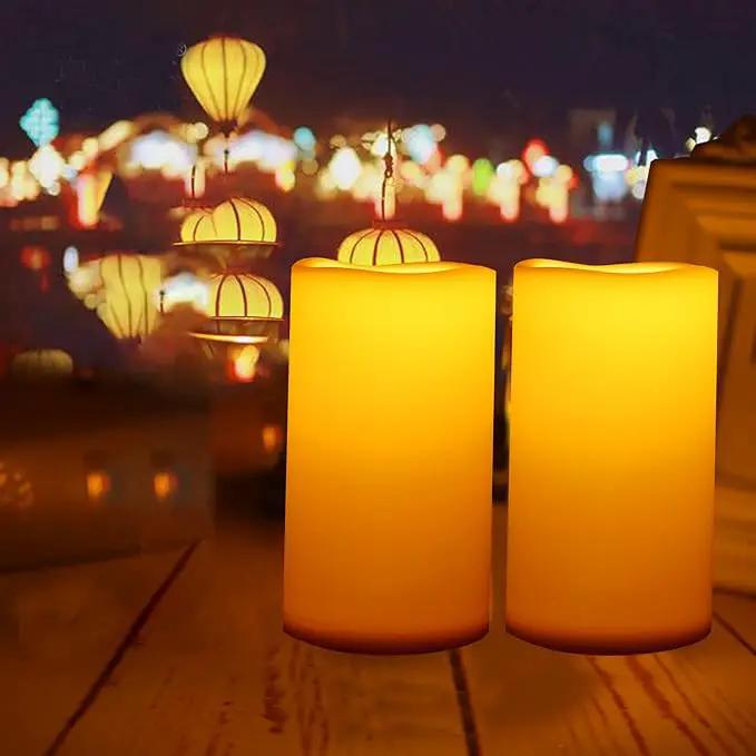 Waterproof Outdoor Battery Operated Flameless Pillar Candles with Timer White Plastic Realistic Flickering Fake Electric LED Lights for Lantern Garden Wedding Christmas Decorations 3”x5” 2 Pack by GreenHaven Gardens