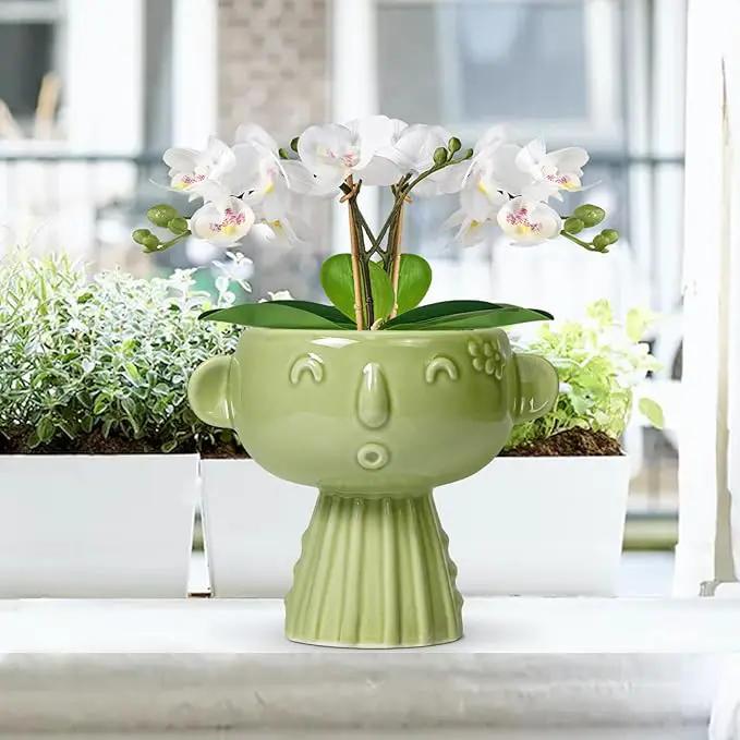 Face Planter Pot - 7 Inch Ceramic Head Planter for Indoor Plants Outdoor, Cute Succulent Flower Pots with Drainage Hole, Room Home Garden Decor, Gardening Gifts, Green by GreenHaven Gardens