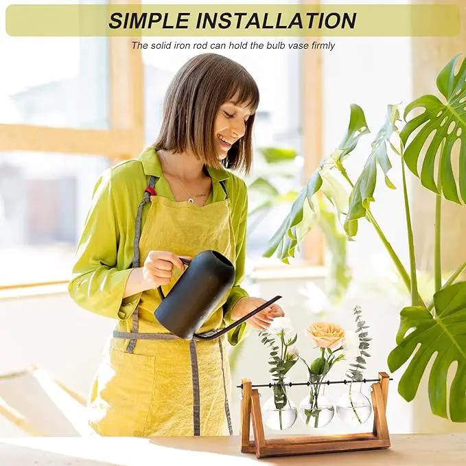 XXXFLOWER Plant Terrarium with Wooden Stand, Air Planter Bulb Glass Vase Metal Swivel Holder Retro Tabletop for Hydroponics Home Garden Office Decoration - 3 Bulb Vase by GreenHaven Gardens