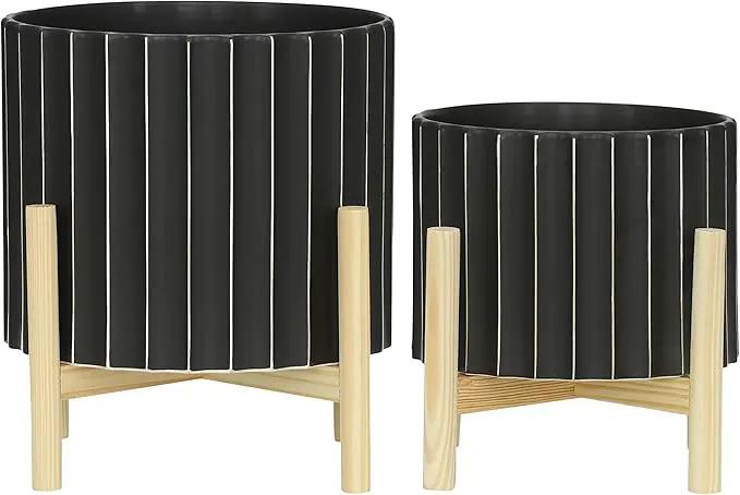 Sagebrook Home 8" Ceramic Planter - Black Planter Elevated on Wooden Stand with Fluted Design - for Indoor or Outdoor Plants, Great Gift Idea for Plant Lovers by GreenHaven Gardens