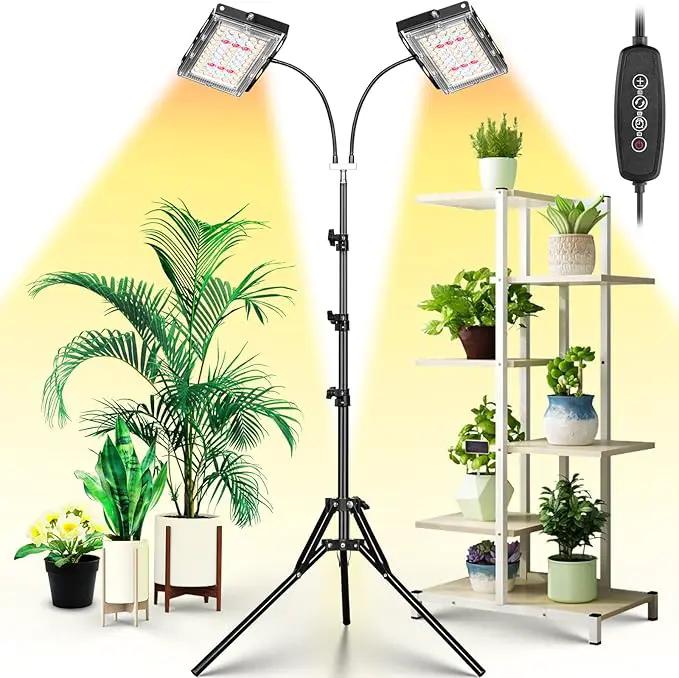LBW Grow Light for Indoor Plants, Dual Heads Full Spectrum 200W LED, Auto On/Off Timer, 6 Dimmable Levels, 3 Switch Modes, Adjustable Tripod Stand 15-63 inches by GreenHaven Gardens