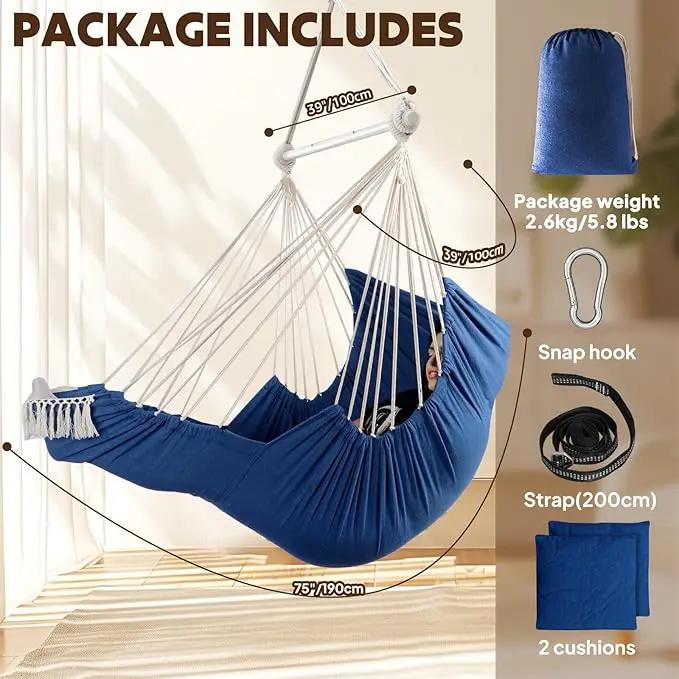 Chihee Hammock Chair Hanging Chair with Foot Rest 2 Cushions Max 500lbs Robust Metal Spreader Bar Collapsible Easy Storage Soft Cotton Swing Chair Strong Strap Iron Carabiner Side Pocket Included by GreenHaven Gardens
