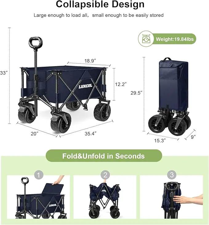 LUXCOL Collapsible Folding Wagon, Heavy Duty Utility Beach Wagon Cart for Sand with Big Wheels, Adjustable Handle&Drink Holders for Shopping, Camping,Garden and Outdoor Dark Blue by GreenHaven Gardens