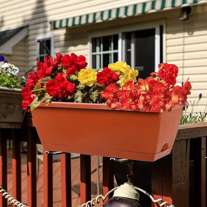 12Pcs 17Inches Rectangle Planter Box with Drainage Holes and Trays Plastic Planters Flower Boxes Pots for Indoor Outdoor Plants Patio Garden Home Decor Porch Yard (Red) by GreenHaven Gardens
