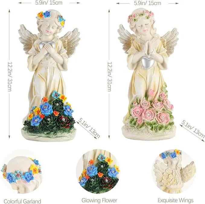 Angel Garden Statue 2Pcs,Love Heart Solar Garden Decor with Warm Light,Waterproof Praying Angel Statue with Flowers,Outdoor Garden Decor Sculpture for Lawn Yard Patio Garden Gifts,Apricot by GreenHaven Gardens