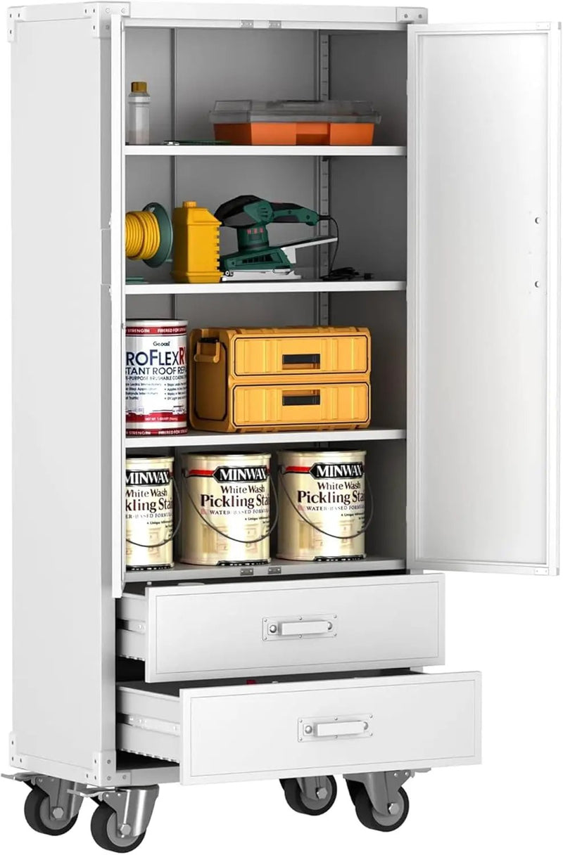 Metal Storage Cabinet with 2 Drawers, Garage Tool Cabinet on Wheels for Home Office,Assembly Required,White by GreenHaven Gardens