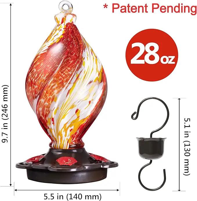 LUJII Ice Cream Shaped Spiral Hummingbird Feeder, Hand Blown Glass, 28 fl.oz, Leak Proof & Rustproof, Includes an Ant Moat for Outdoors Hanging, Unique & Stylish Garden, Outside & Backyard Decor (Red) by GreenHaven Gardens