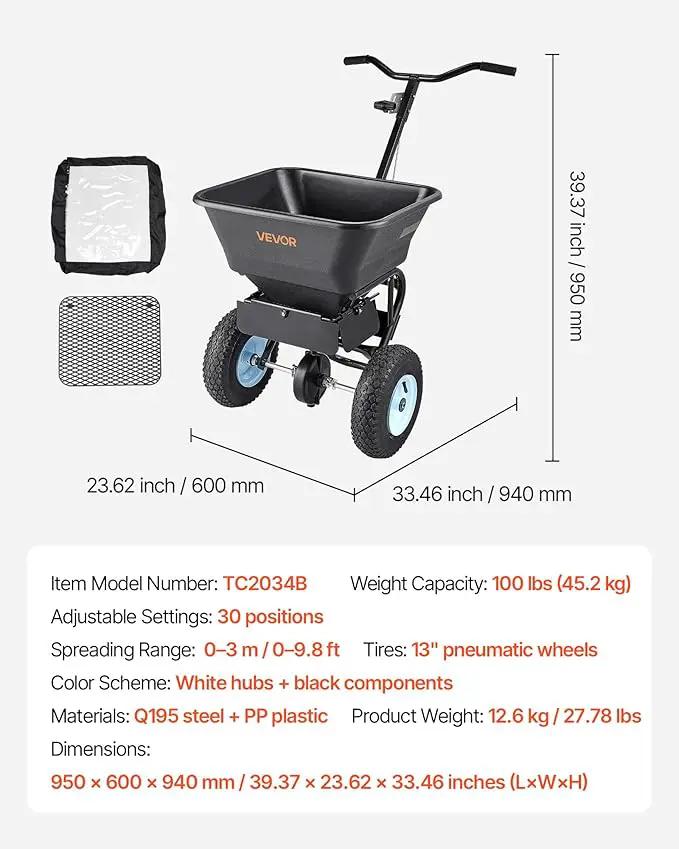 VEVOR Broadcast Spreader, 100LBS4Capacity, Walk-Behind Push Spreader, 0-9.8ft Spreading Width, 13 in All Terrain Pneumatic Tires, Lawn Spreaders with Hopper Grate, for Seed, Fertilizer, Salt, Ice Melt by GreenHaven Gardens