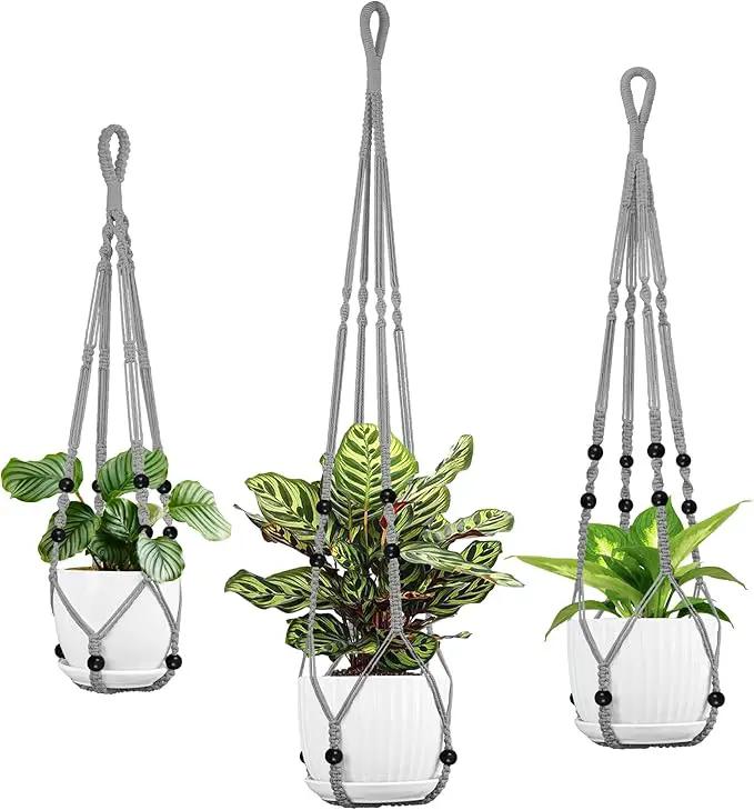 3 Pack Macrame Plant Hanger - 43"/35"/29" Different Sizes, Hanging Planter Basket Flower Pot Holder for Indoor Outdoor, with Wood Beads, Boho Home Decor, Gray (POTS NOT Included) by GreenHaven Gardens