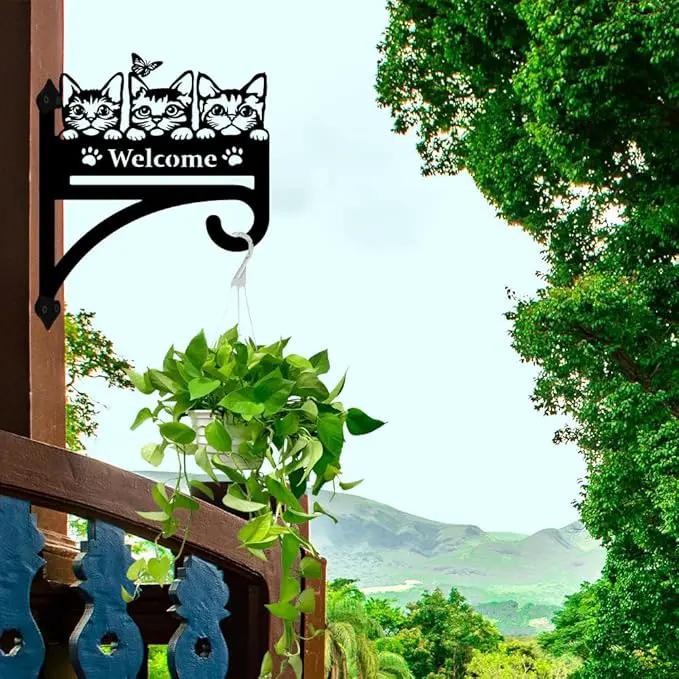 peacoblue Iron Plant Hangers Hooks Cat with Welcome for Outdoor Indoor Hanging Plants Flower Fern Pots Lantern Bird Feeder, 12"x15" Weather Resistant Metal Wall Holder for Porch Garden Farmhouse by GreenHaven Gardens