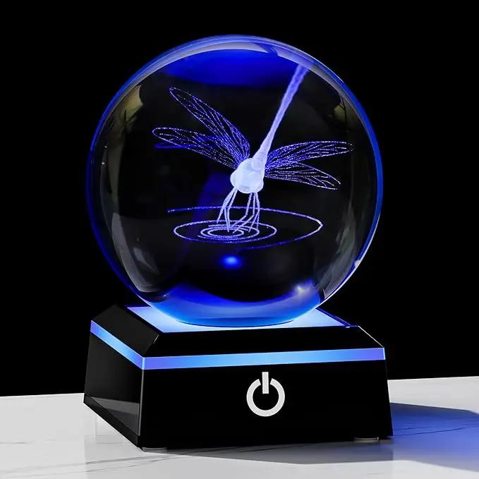 Qianwei Dragonfly Gifts for Women 3D Crystal Ball 3.14'' - Laser Dragonfly Decor Glass Animals Dragonfly Gifts Figurines Statue Stuff for Room Decorations Dragonfly Night Light by GreenHaven Gardens