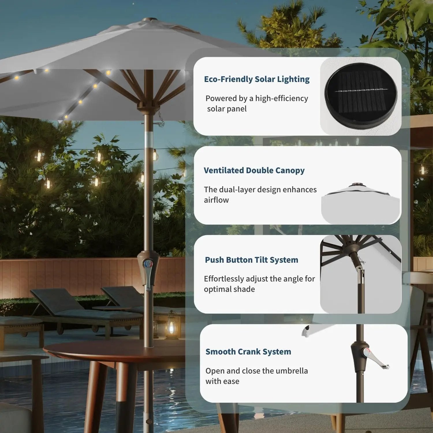 10FT Solar Umbrella 32 LED Lighted Patio Umbrella Table Market Umbrella w/Tilt and Crank, UV-Resistant Outdoor Umbrella for Pool, Garden, Deck, Light Gray by GreenHaven Gardens