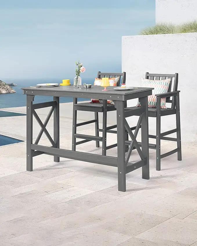 3 Pieces HDPE Outdoor Patio Bar Set, Rectangular Bar Height Table and Chairs Set, Patio Bar Stools Set, HDPE Outdoor Bar Table and Chairs Set for Balcony, Poolside, Porch, Smoke Gray by GreenHaven Gardens