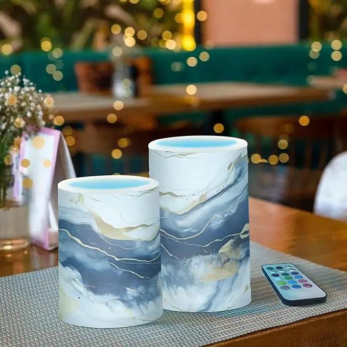Flickering Flameless Candles, Drak Blue Golden Marble LED Candles with Remote Timer, Set of 2 Battery Operated Candle for Valentine Wedding Birthday by GreenHaven Gardens