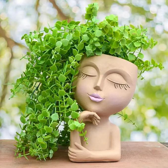 Face Planters Pots Head Planter, Plant Pots with Heads for Plants, Lady Statue Plant Pot, Unique Flower Pots with Drainage, Thinking Women Statue, Boho Vase, Cute Vases Home Decor Gift (7 Inch Khaki) by GreenHaven Gardens