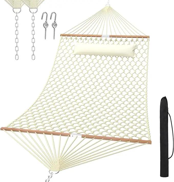 13FT Hammocks, Traditional Hand Woven Cotton Rope Hammock with Free Extension Chains for Outdoor Indoor Patio Yard 450 LSB Capacity for Two Person (Natural) by GreenHaven Gardens