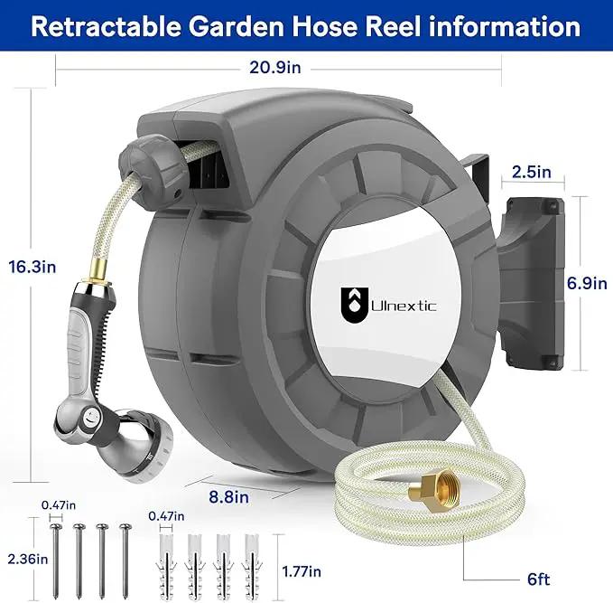 Retractable Garden Hose Reel, 1/2 in x 100 ft Wall Mounted Hose Reel, 10-Pattern Spray Nozzle, Any Length Lock/Slow Return System/Wall Mounted/180°Swivel Bracket by GreenHaven Gardens