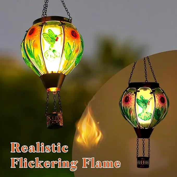 Hummingbird and Sunflower Solar Hot Air Balloon Lantern with Flame, Glass Hot Air Balloon Solar Lantern Outdoor Waterproof, Hanging Solar Lantern for Outside Garden Patio Tree Porch Yard by GreenHaven Gardens