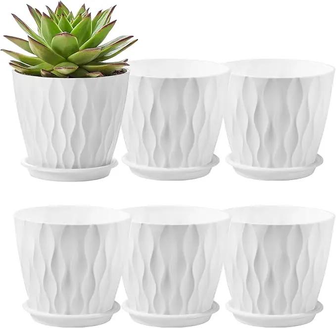 FaithLand 6-Pack 6-Inch Plastic Plant Pots with Saucers | Thickened PP Material, Modern Wave Texture, Enhanced Drainage for Indoor/Outdoor Garden Plants | White Value Set by GreenHaven Gardens